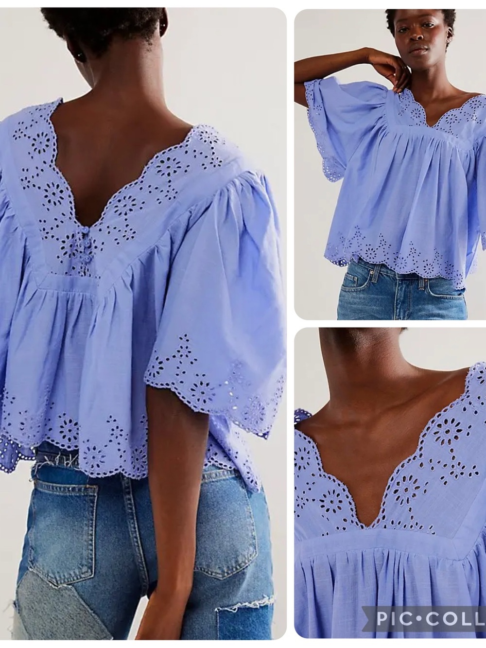 Free People Costa Eyelet Top Periwinkle Cotton Puff Sleeve Boho Blouse M - Picture 7 of 9
